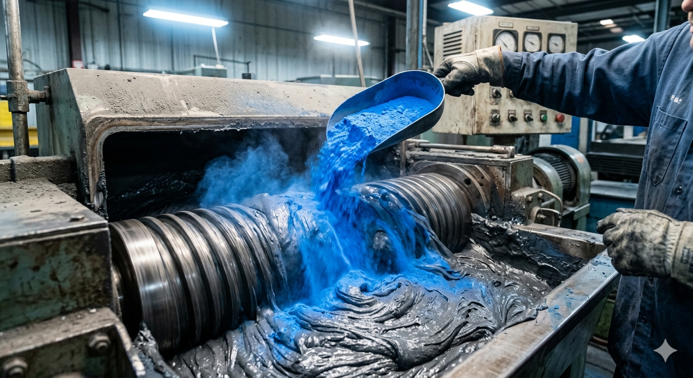 Close-up of a rubber compound being mixed on an open mill